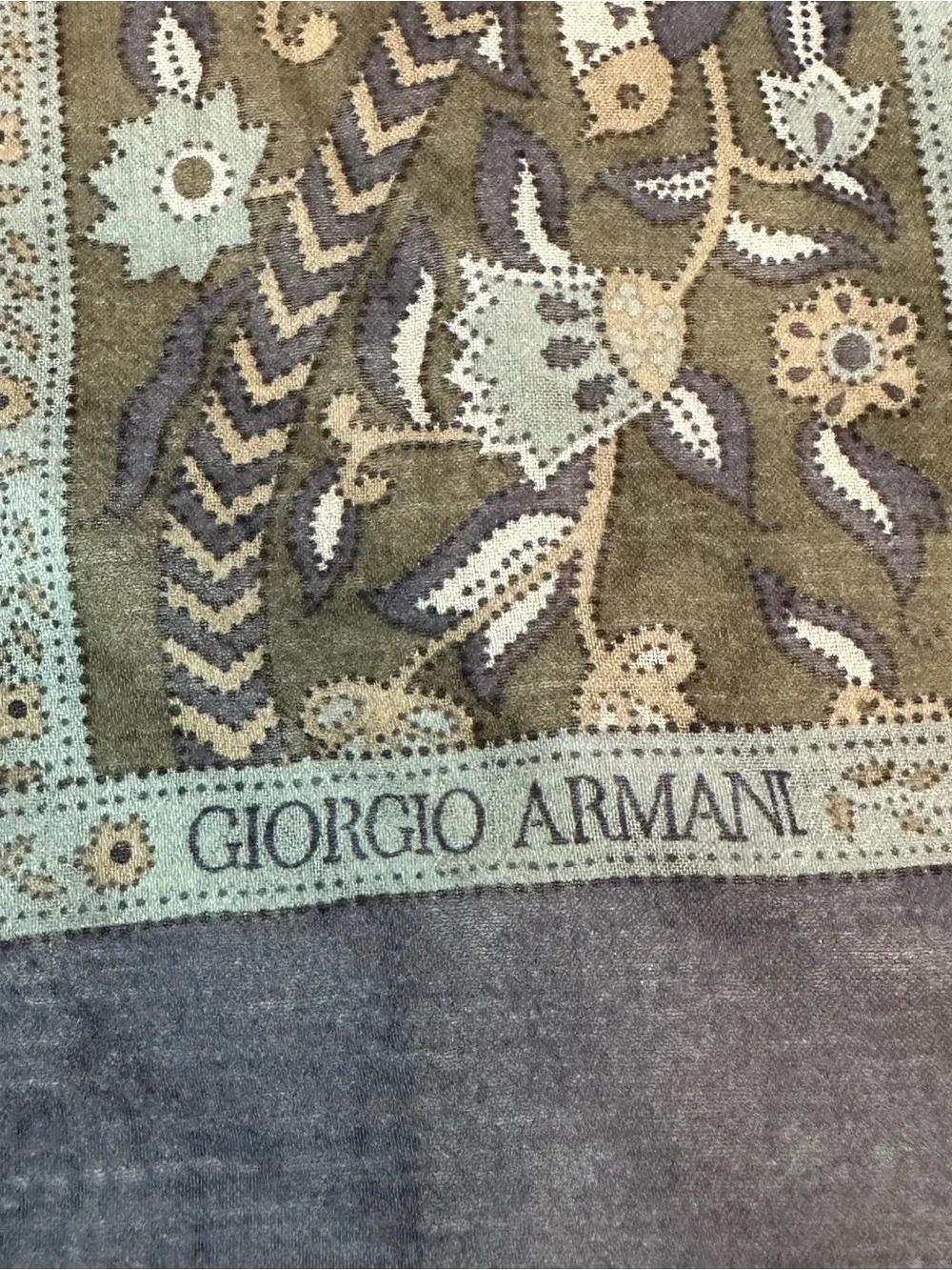 Giorgio Armani Olive Green and Blue Floral Stripe Scarf